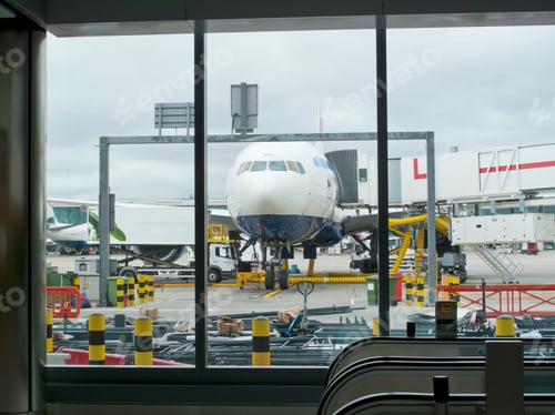 Preview: Horizontal Shot Of An Airplane Parked At Airport Gate With An Aerobridge Attached To It
