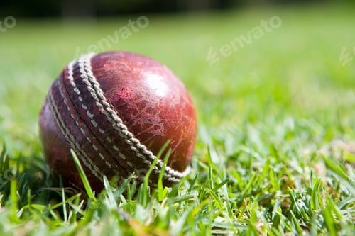 Preview: Close Up Shot Of A Red Cricket Ball Lying On The Grass On A Bright, Sunny Day