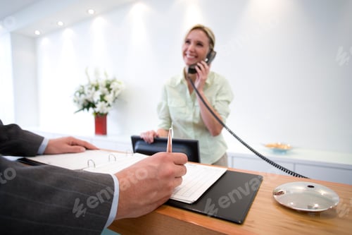 Preview: Selective Focus In Foreground On Hand Of A Businessman Signing At Reception With Smiling