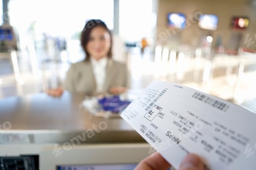 Preview: Businesswoman Waiting To Collect Her Boarding Pass From The Attendant At The Check-In Desk While