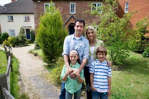 Preview: Horizontal Shot Of A Happy Family Posing Outside The New House On A Sunny Day.
