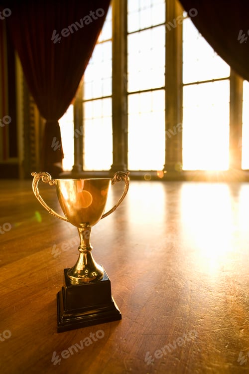 Preview: Close-Up Shot Of Championship Trophy Positioned On Wooden Floor With The Background Of Sunlight