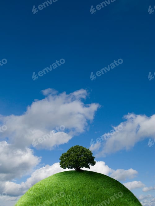 Preview: Vertical Shot Of A Tree On Top Of Grassy Globe With Blue Sky And Copy Space.