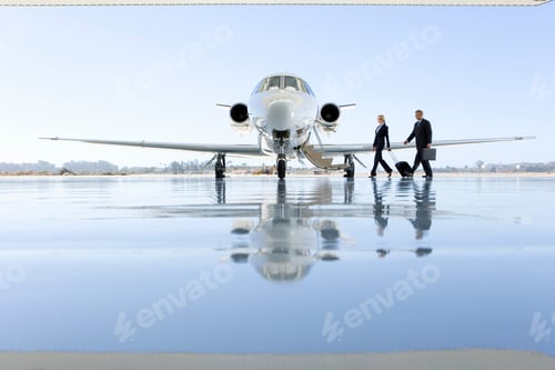 Preview: Wide Shot Of A Pilot And Flight Attendant Walking Towards The Private Jet On The Runway.