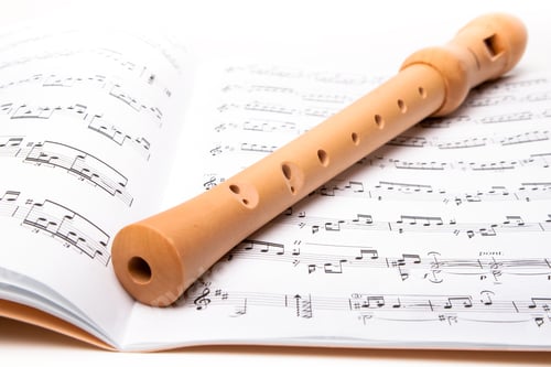 Preview: Wooden Flute On Sheet Music. Close Up.