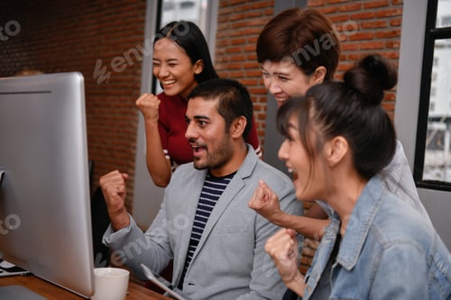 Preview: Business Concept. Businessmen Are Shouting With Joy. Business People Are Raising Their Hands For