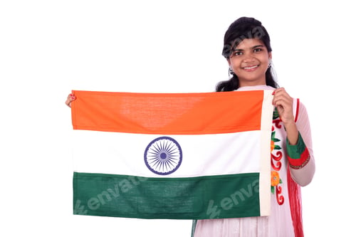 Preview: Indian Girl Standing With Indian Flag Or Tricolour On White Background, India Flag And Girl, Girl