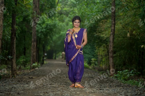 Preview: Beautiful Indian Young Girl In Traditional Saree Posing Outdoors