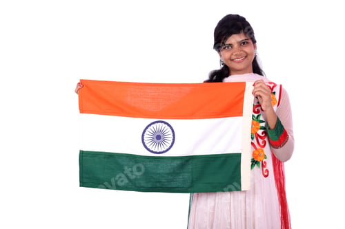 Preview: Indian Girl Standing With Indian Flag Or Tricolour On White Background, India Flag And Girl, Girl