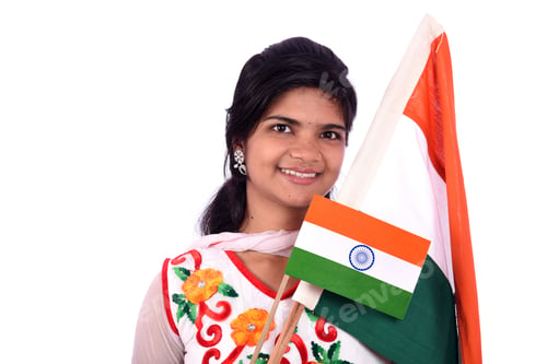 Preview: Indian Girl Standing With Indian Flag Or Tricolour On White Background, India Flag And Girl, Girl
