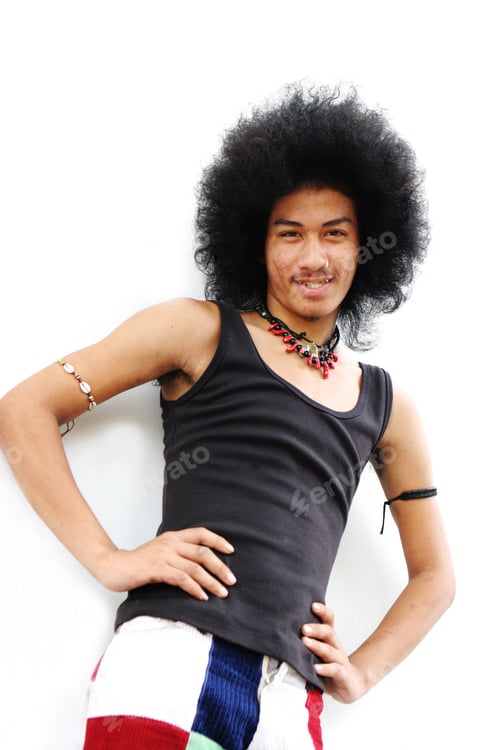 Preview: Thai Man With A Big Afro Hairstyle Isolated On White.