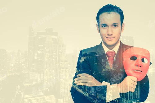 Preview: Double Exposure Of Business Man And City With Mask, Portrait Business Concept, Vintage Color Tone.