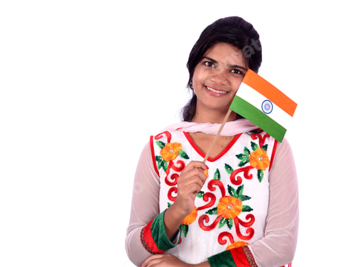 Preview: Indian Girl Standing With Indian Flag Or Tricolour On White Background, India Flag And Girl, Girl