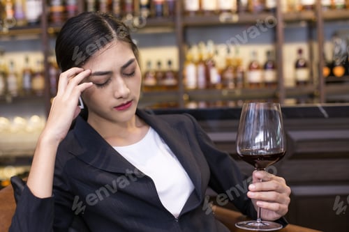 Preview: Asian Woman Drinking Wine In Bar, Woman Have Drunk When She Tasting A Lot Of Wine. Woman Tasting