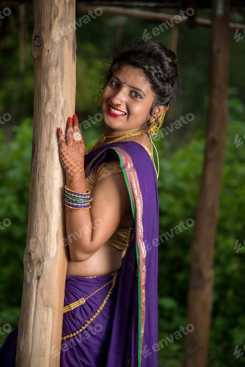 Preview: Beautiful Indian Young Girl In Traditional Saree Posing Outdoors