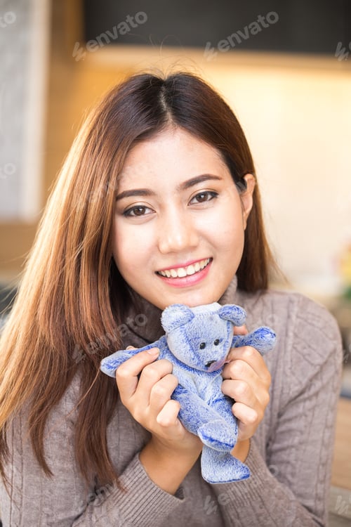 Preview: Asian Woman And Teddy Bear, Concept The Woman Happy.