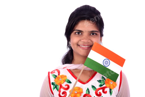 Preview: Indian Girl Standing With Indian Flag Or Tricolour On White Background, India Flag And Girl, Girl