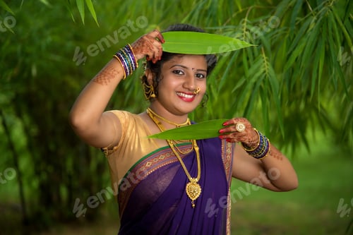 Preview: Indian Beautiful Young Girl In Traditional Saree Posing Outdoors