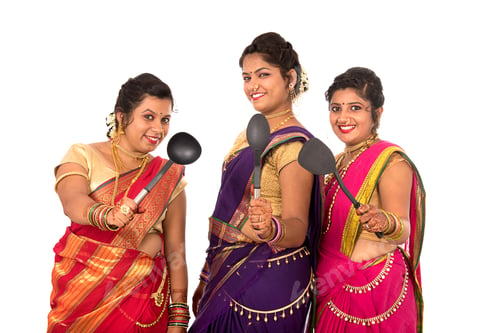 Preview: Young Traditional Indian Girls Holding Kitchen Utensil On White Background