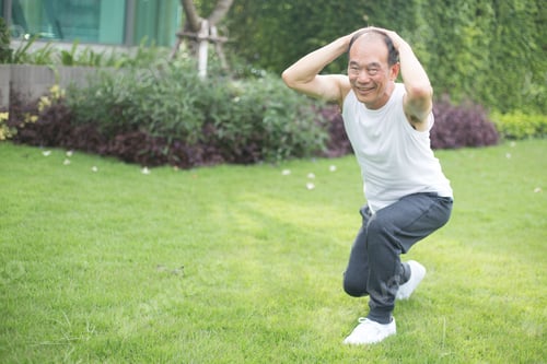 Preview: Asian Old Man Scotch Jum On Mat In Field, Outdoor Exercise Concept.