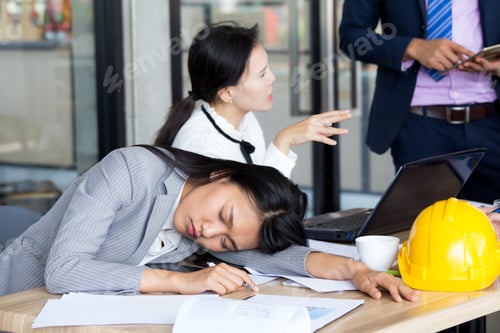 Preview: Asia Businesswoman Sleep While Work, Protrait Business Concept.