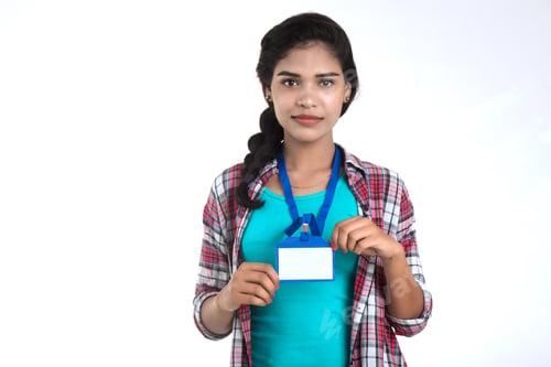 Preview: Young Woman Holding Identification White Blank Plastic Id Card.