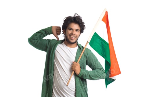 Preview: Young Man With Indian Flag Or Tricolour On White Background, Indian Independence Day, Indian