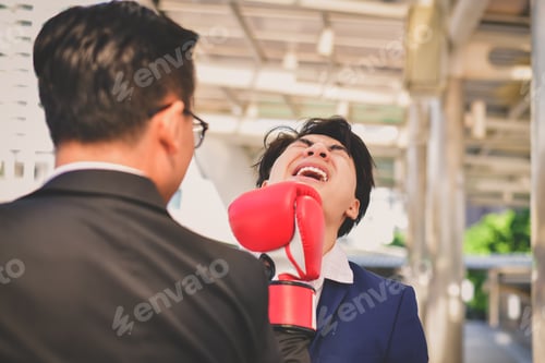 Preview: Concept Business People Playing Sports, Business Man Wearing Boxing Gloves Throwing A Punch