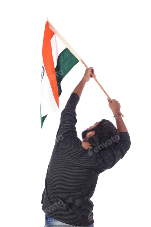 Preview: Young Man With Indian Flag Or Tricolour On White Background, Indian Independence Day, Indian