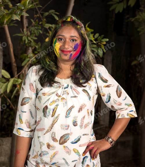 Preview: Portrait Of Happy Young Girl On Holi Color Festival. Girl Posing And Celebrating Festival Of Colors.