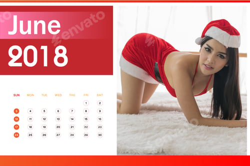 Preview: Calendar Of 2018, Beautiful Happy Woman In Sexy Red Clothes.
