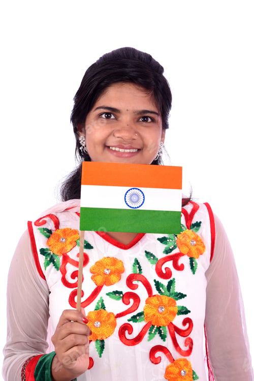 Preview: Indian Girl Standing With Indian Flag Or Tricolour On White Background, India Flag And Girl, Girl