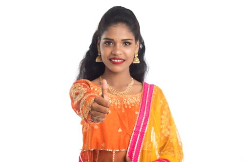 Preview: Smiling Cheerful Girl Showing Sign Isolated On White Background