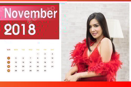 Preview: Calendar Of 2018, Beautiful Happy Woman In Sexy Red Clothes.