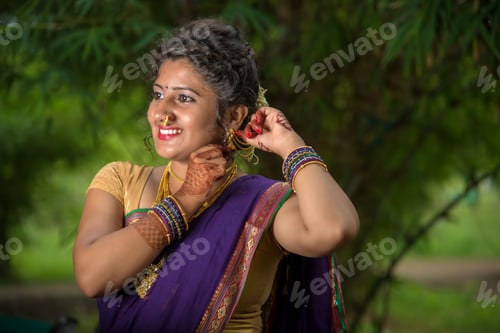 Preview: Indian Beautiful Young Girl In Traditional Saree Posing Outdoors