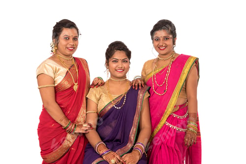 Preview: Traditional Beautiful Indian Young Girls In Saree Posing On White Background