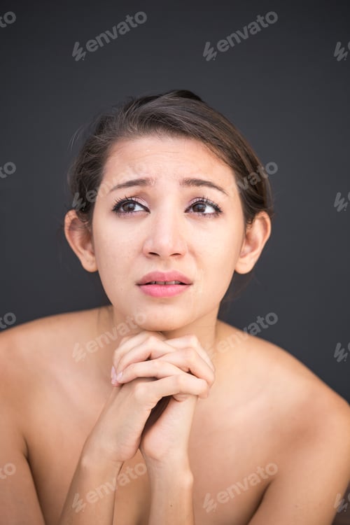Preview: Close Up Of Poor Sad Depressed, Young Woman Begging For Help And Going To Cry While Standing