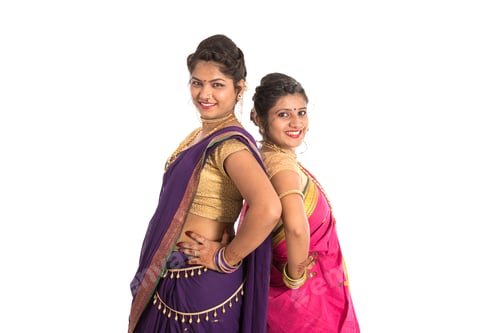 Preview: Traditional Beautiful Indian Young Sisters In Saree Posing On White Background