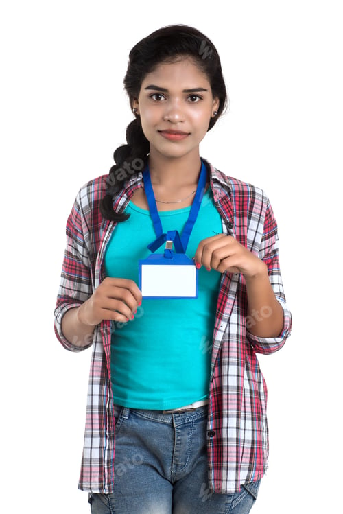 Preview: Young Woman Holding Identification White Blank Plastic Id Card.