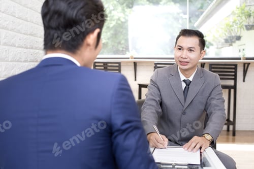 Preview: Asian People Working At Restuarant, People Interview Businessman For Working Job And Sign Contact