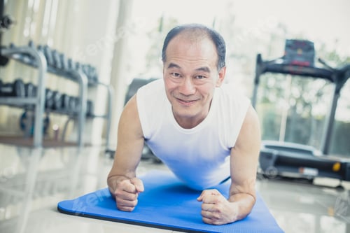 Preview: Asian Old Man Try To Sit-Ups At Gym, Vintage Color Tone.