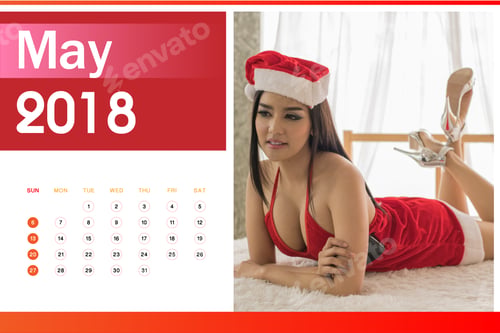 Preview: Calendar Of 2018, Beautiful Happy Woman In Sexy Red Clothes.