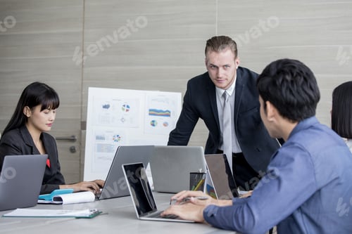 Preview: Young Business People Working Together With Serious Emotion. Business People Takling In Modern