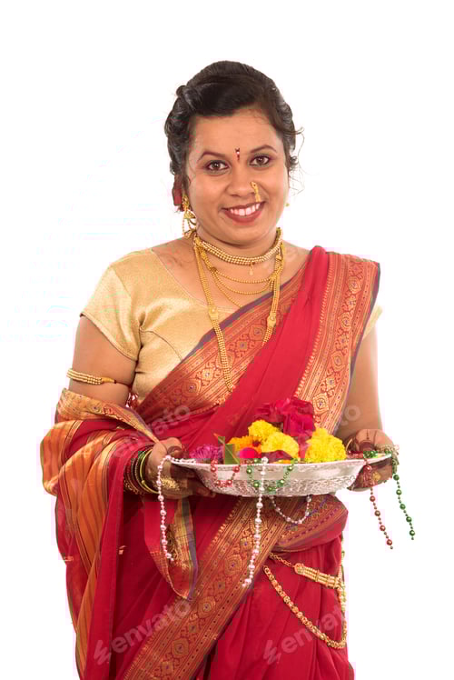 Preview: Beautiful Indian Woman Holding Flower Thali