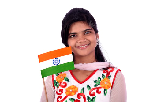 Preview: Indian Girl Standing With Indian Flag Or Tricolour On White Background, India Flag And Girl, Girl