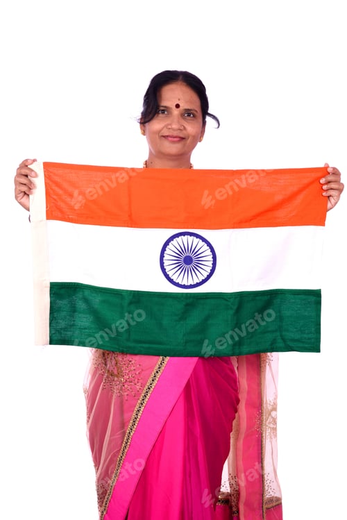 Preview: Traditional Indian Woman Holding Indian Flag Or Tricolour On White Background. Independence Day And