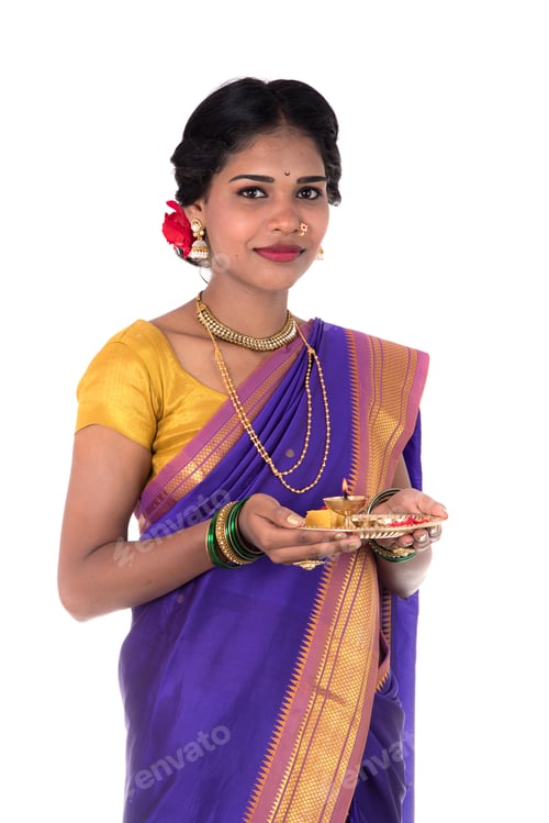 Preview: Indian Woman Performing Worship, Portrait Of A Beautiful Young Lady With Pooja Thali Isolated On