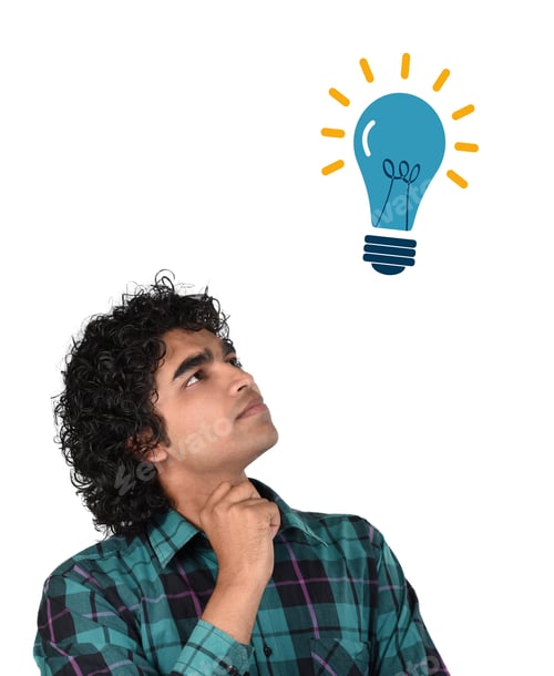 Preview: Close-Up Portrait Of Young Man Thinking, Daydreaming Deeply About Something Finger On Head Looking