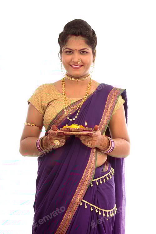 Preview: Portrait Of A Indian Traditional Girl Holding Diya, Diwali Or Deepavali Photo With Female Hands
