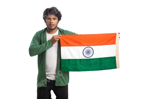 Preview: Young Man Holding And Posing With Indian Flag Or Tricolour On White Background, Indian Independence